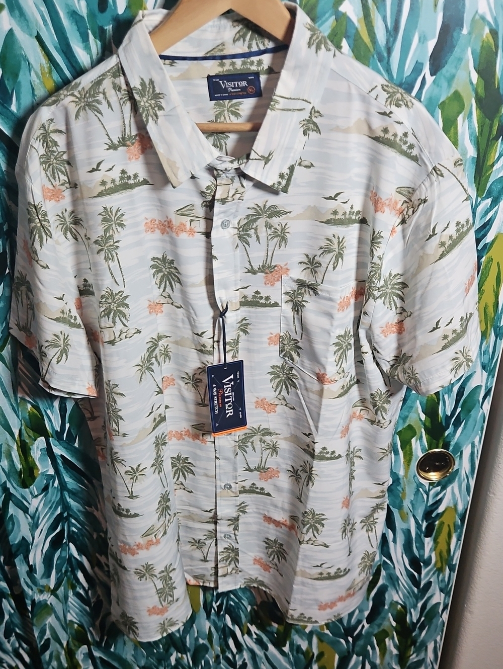 Visitor Premium Men's Short-Sleeve Palm-Print Button Shirt in Ivory - Size XL
